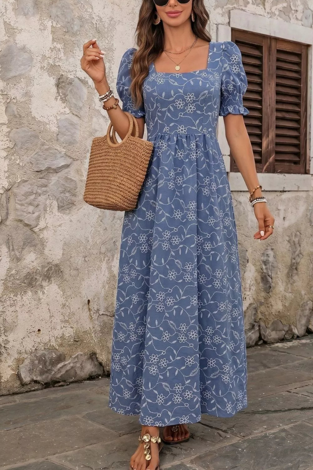 Square Neck Puff Sleeve Maxi Dress in Dusty Blue