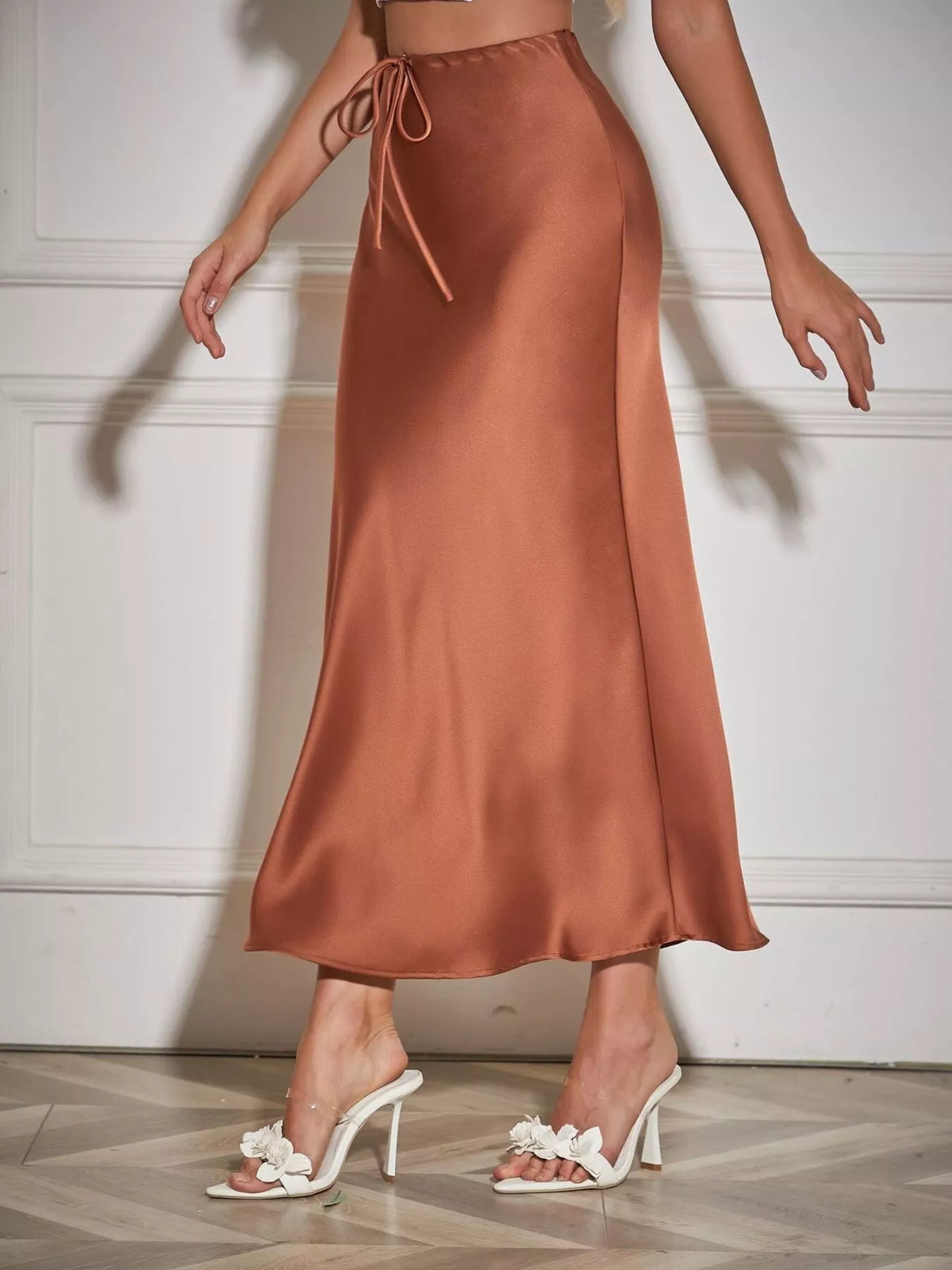 Satin Midi Skirt in Brown