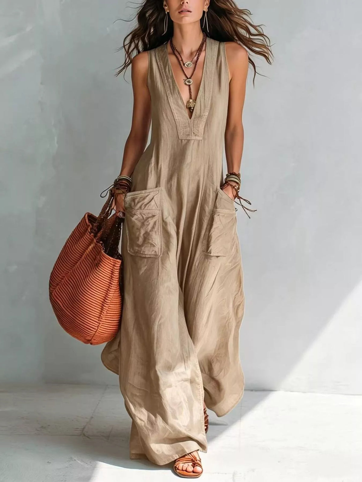 V-Neck Sleeveless Wide Leg Jumpsuit