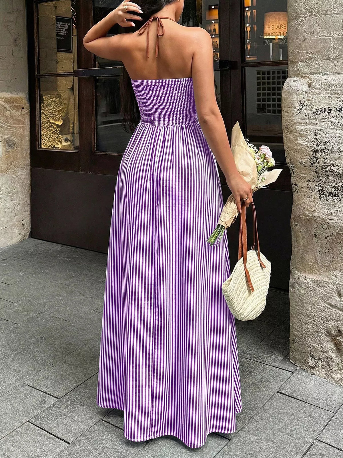 Striped Tie-Neck Halter Maxi Dress