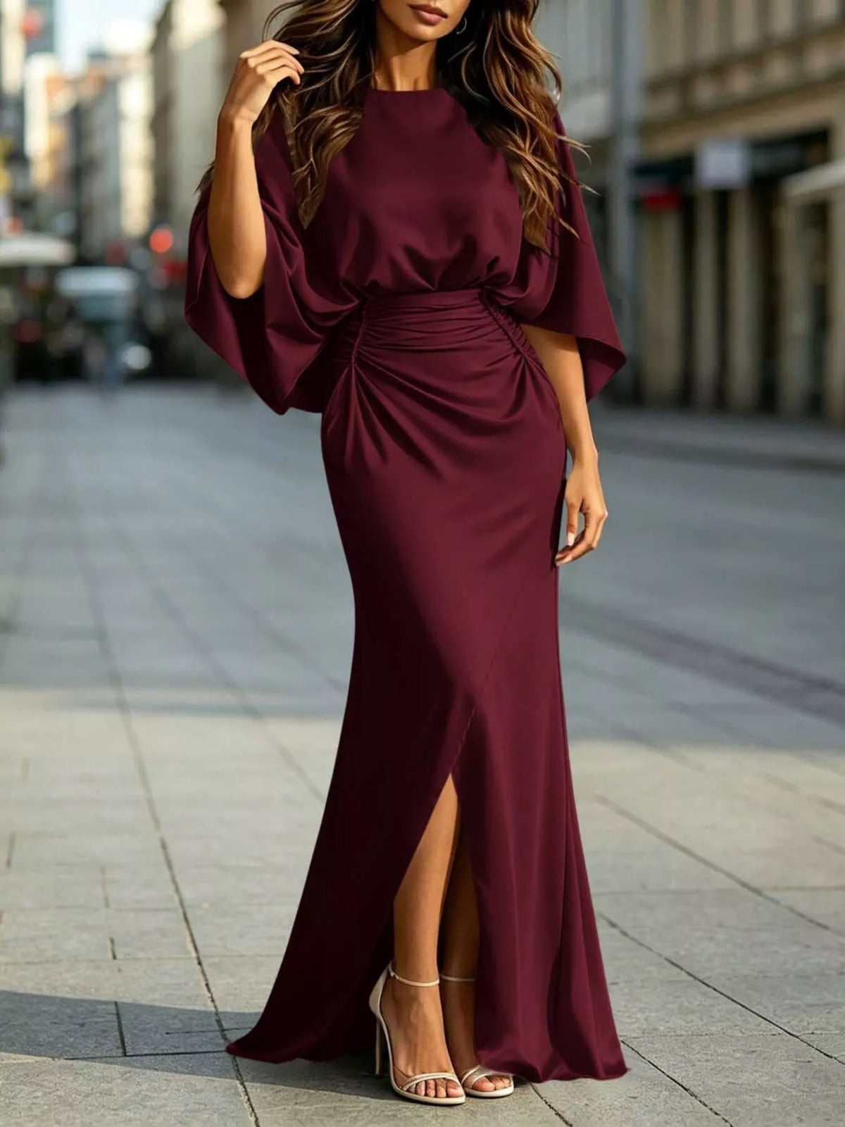 Zip-Back Ruched Waist Maxi Dress