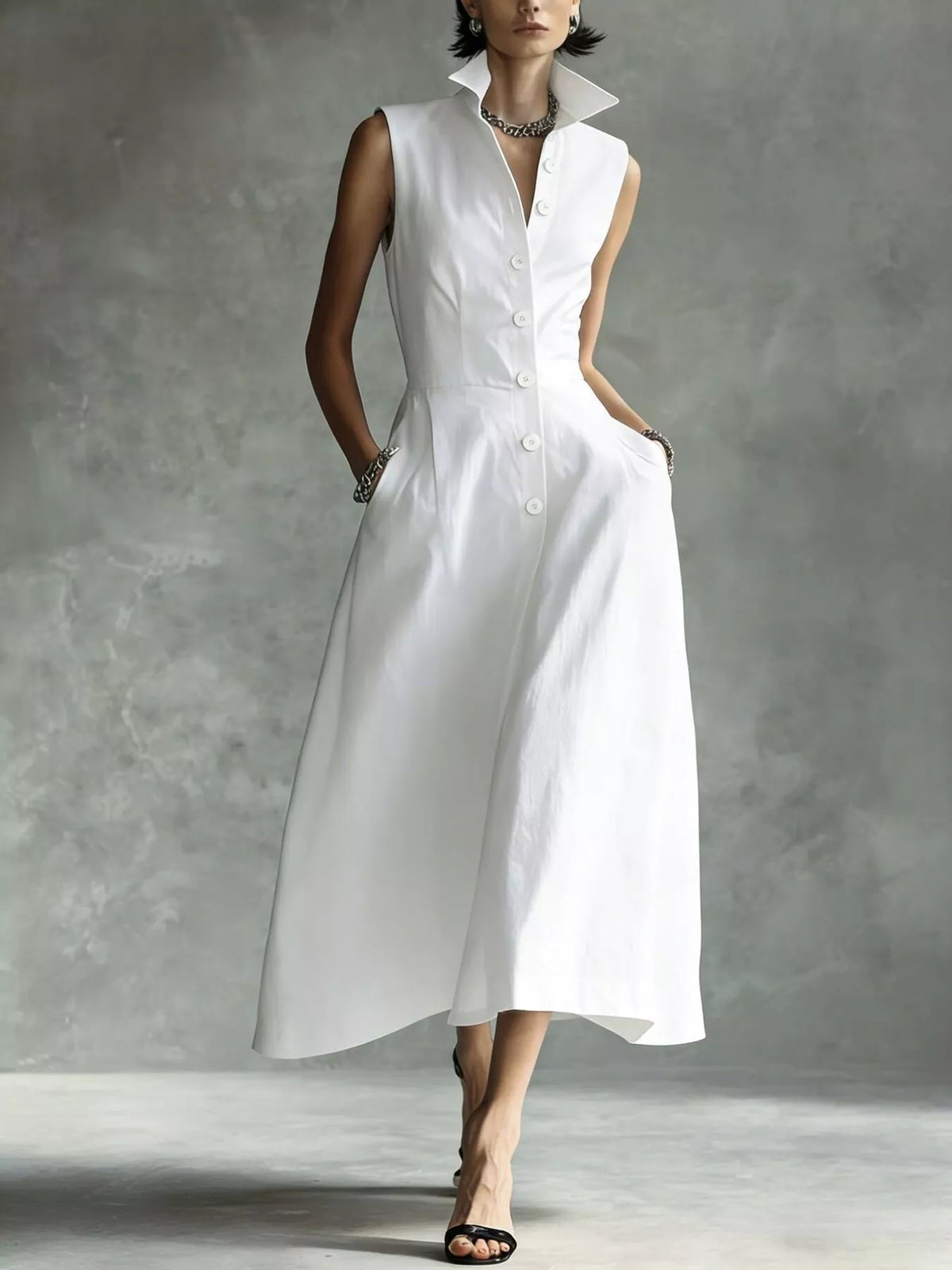 Sleeveless Button-Down Midi Shirt Dress