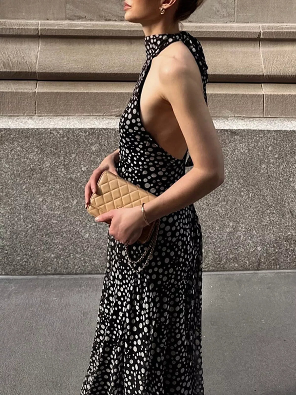 Halter Neck Polka Dot Maxi Dress in Black