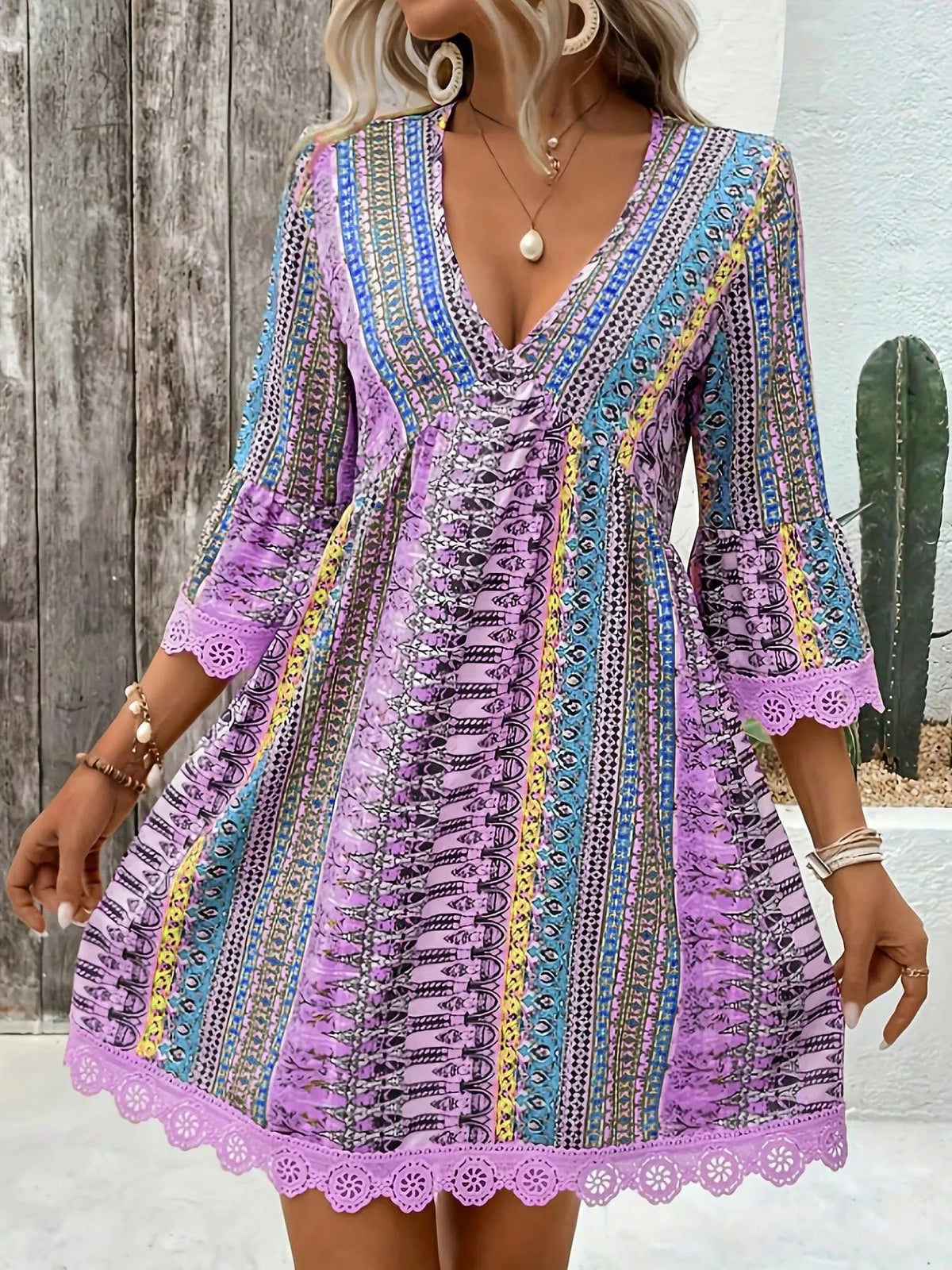 Printed V-Neck A-Line Dress with Lace Detail