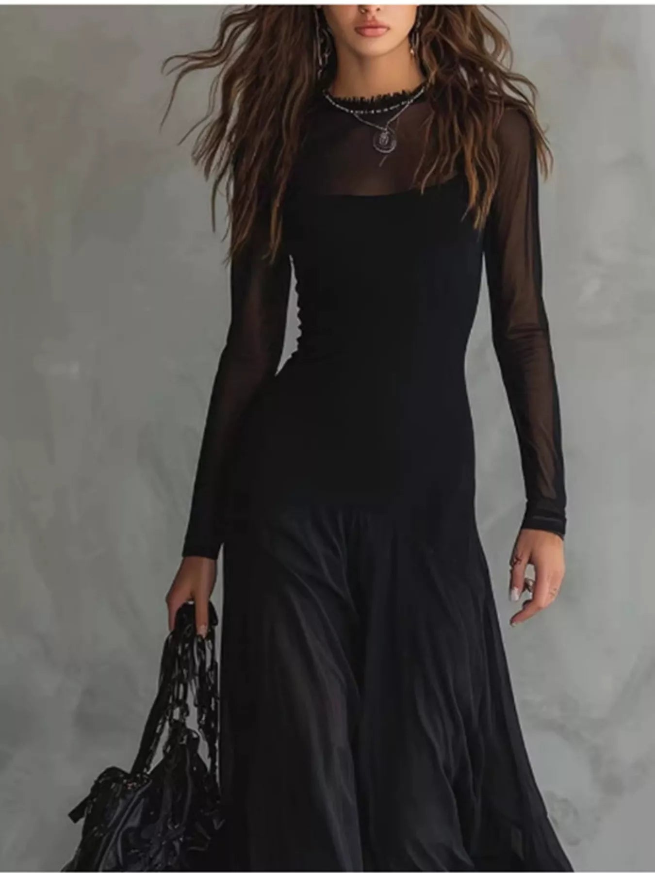 Sheer Mesh Long Sleeve Maxi Dress in Black