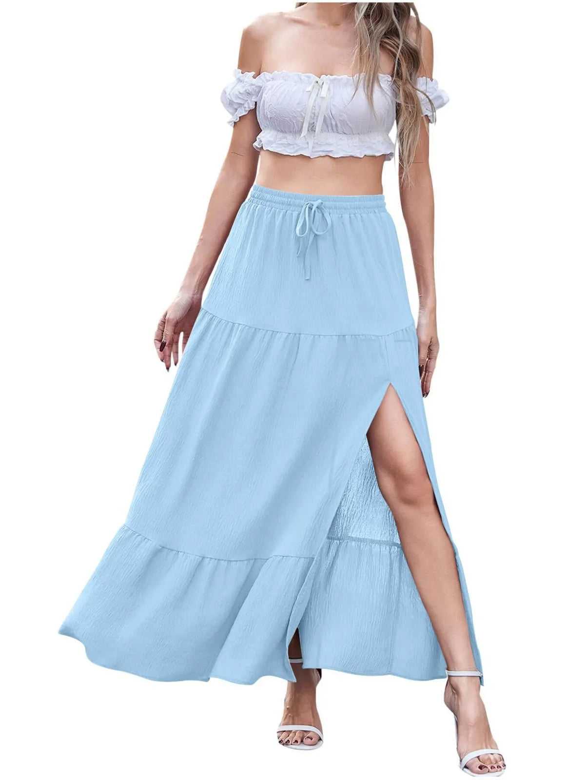 Tiered Ruffled Slit Maxi Skirt