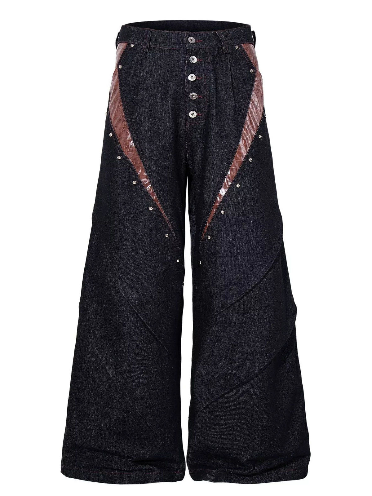 Faux Leather Paneled Button Fly Jeans in Black by TrendMaster