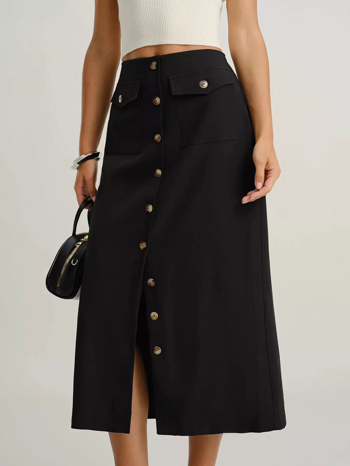 Button-Front Midi Skirt in Black