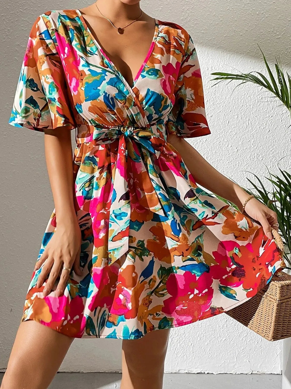 Printed Surplice Mini Dress in Hot Pink
