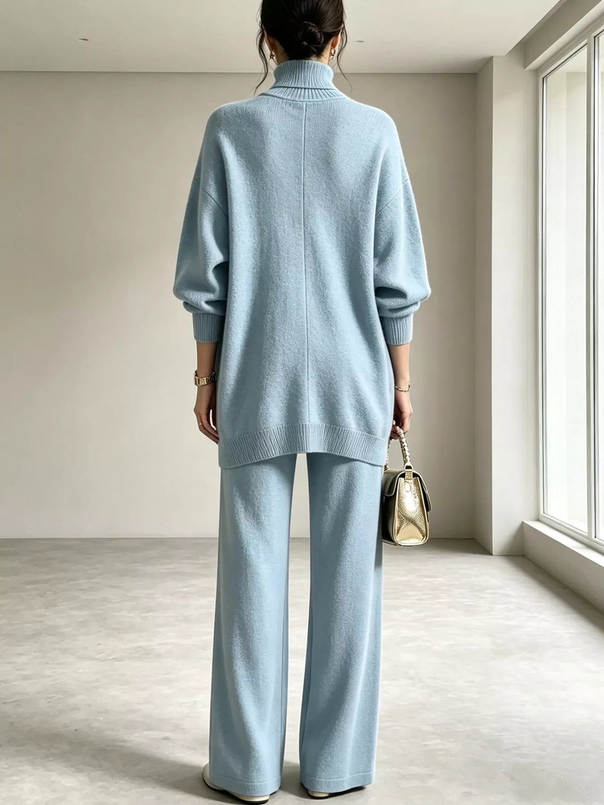 Ribbed Turtleneck Top and Pants Sweater Set