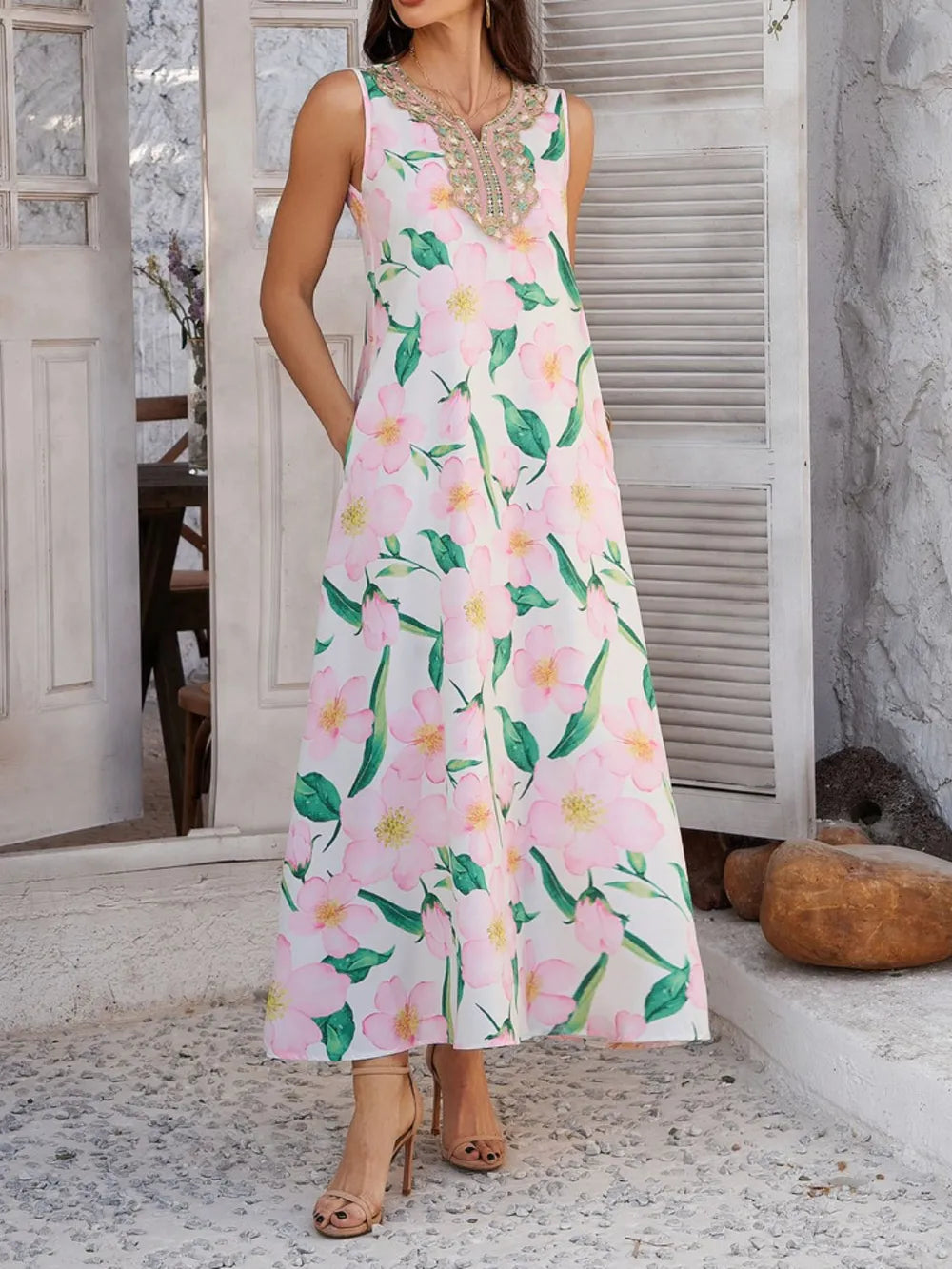 Printed Sleeveless Maxi Dress with Pockets