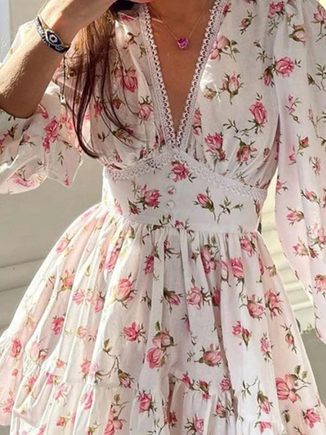 Lace Detail V-Neck Balloon Sleeve Dress