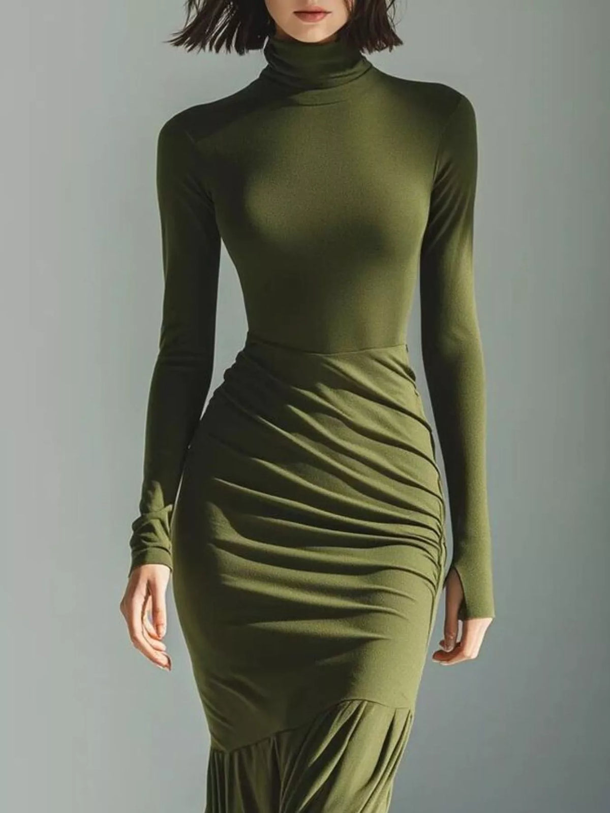 Slit Turtleneck Ruched Bodycon Mermaid Dress, Full Size