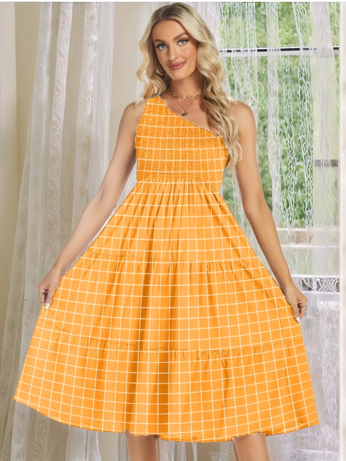 One-Shoulder Smocked Tiered Midi Dress by ArtisticExpression
