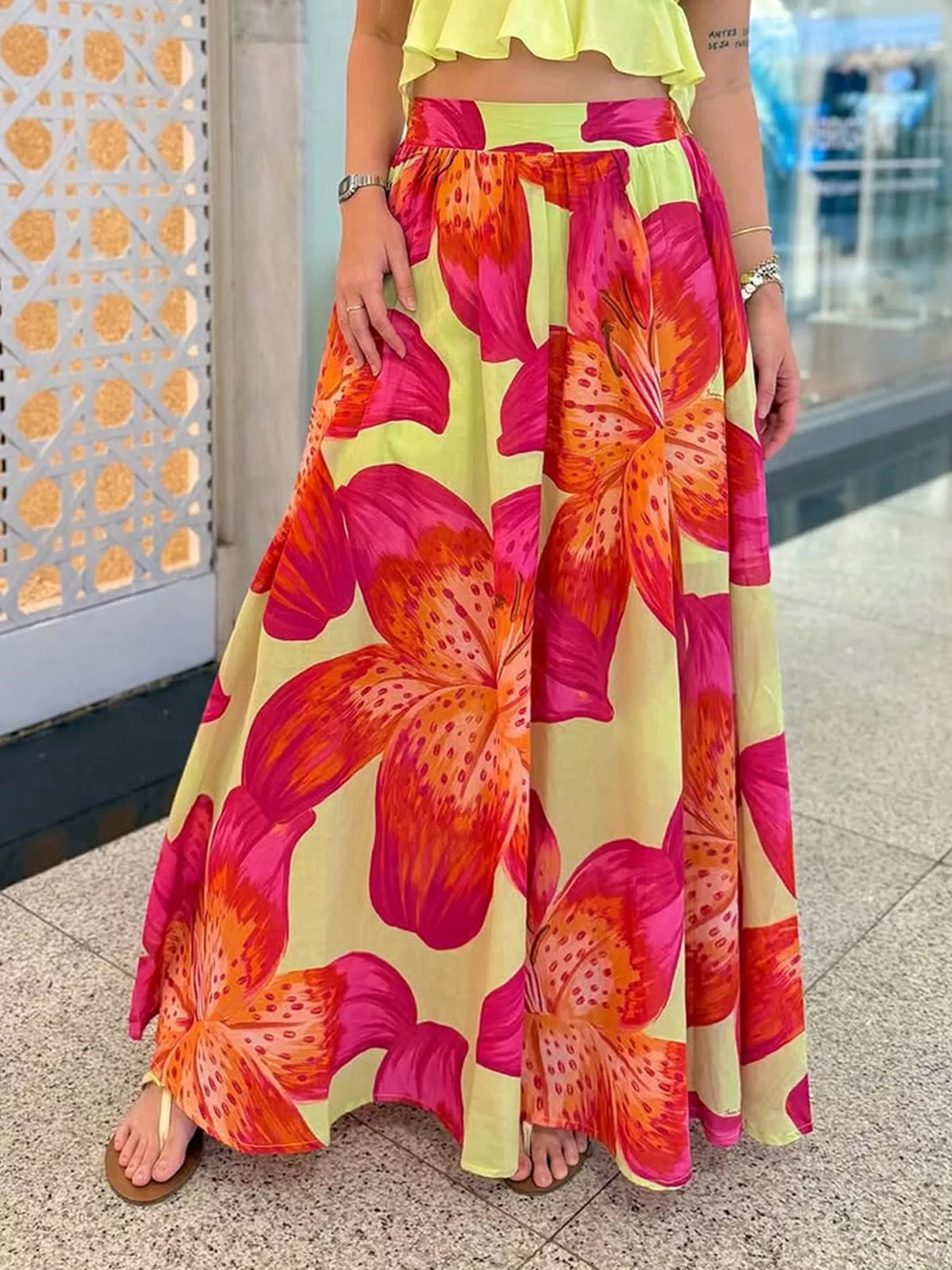 Flowy Floral Maxi Skirt in Orange