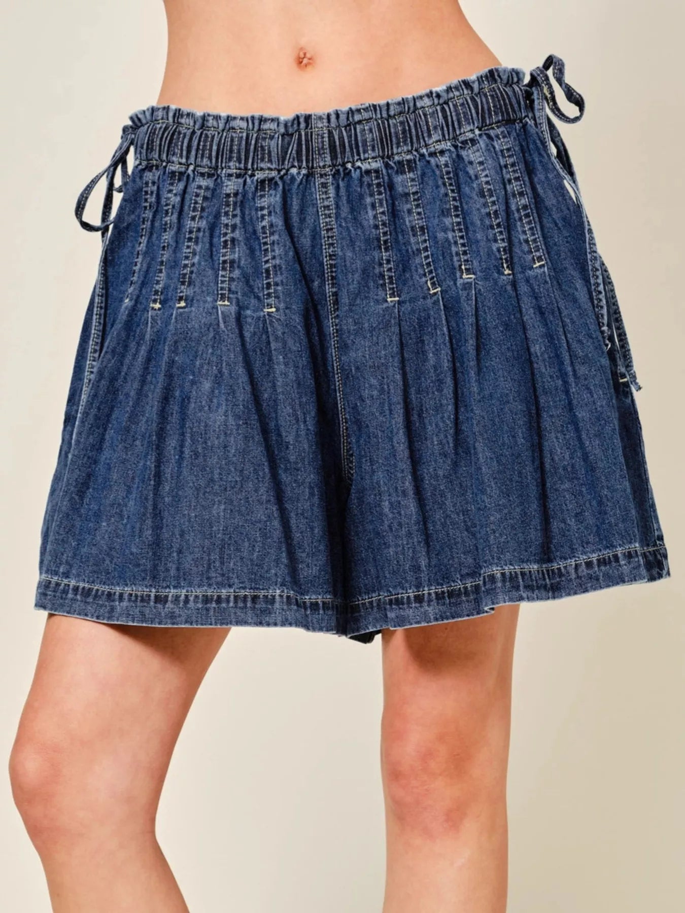 Pleated Elastic-Waist Denim Shorts