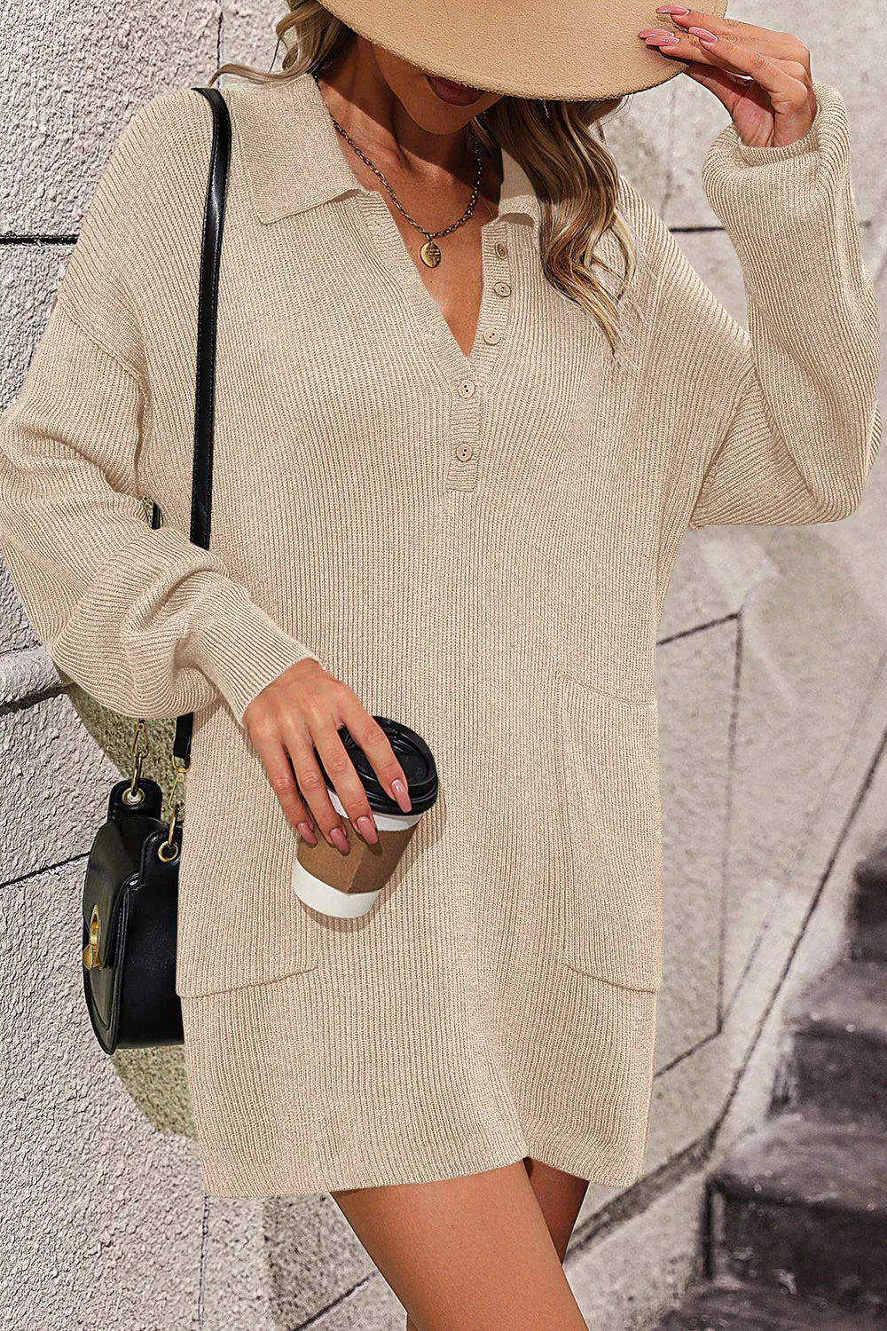 Collared Button-Front Sweater Dress with Pockets