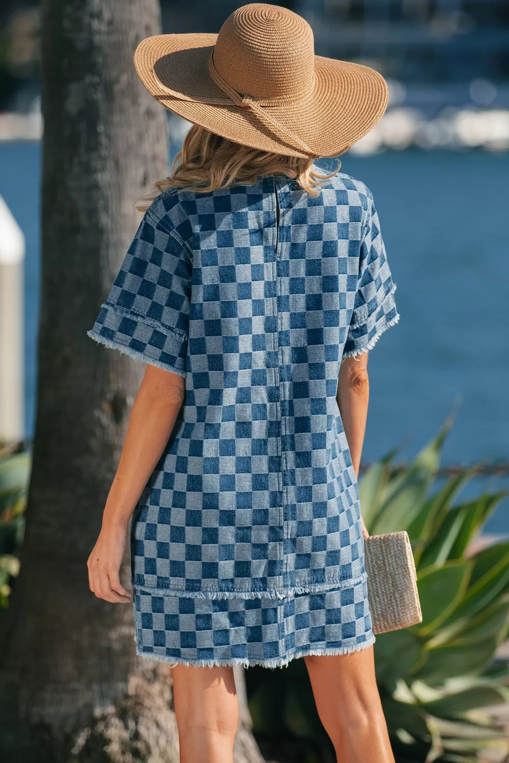 Frayed Hem Checkered Denim Mini Dress in Medium