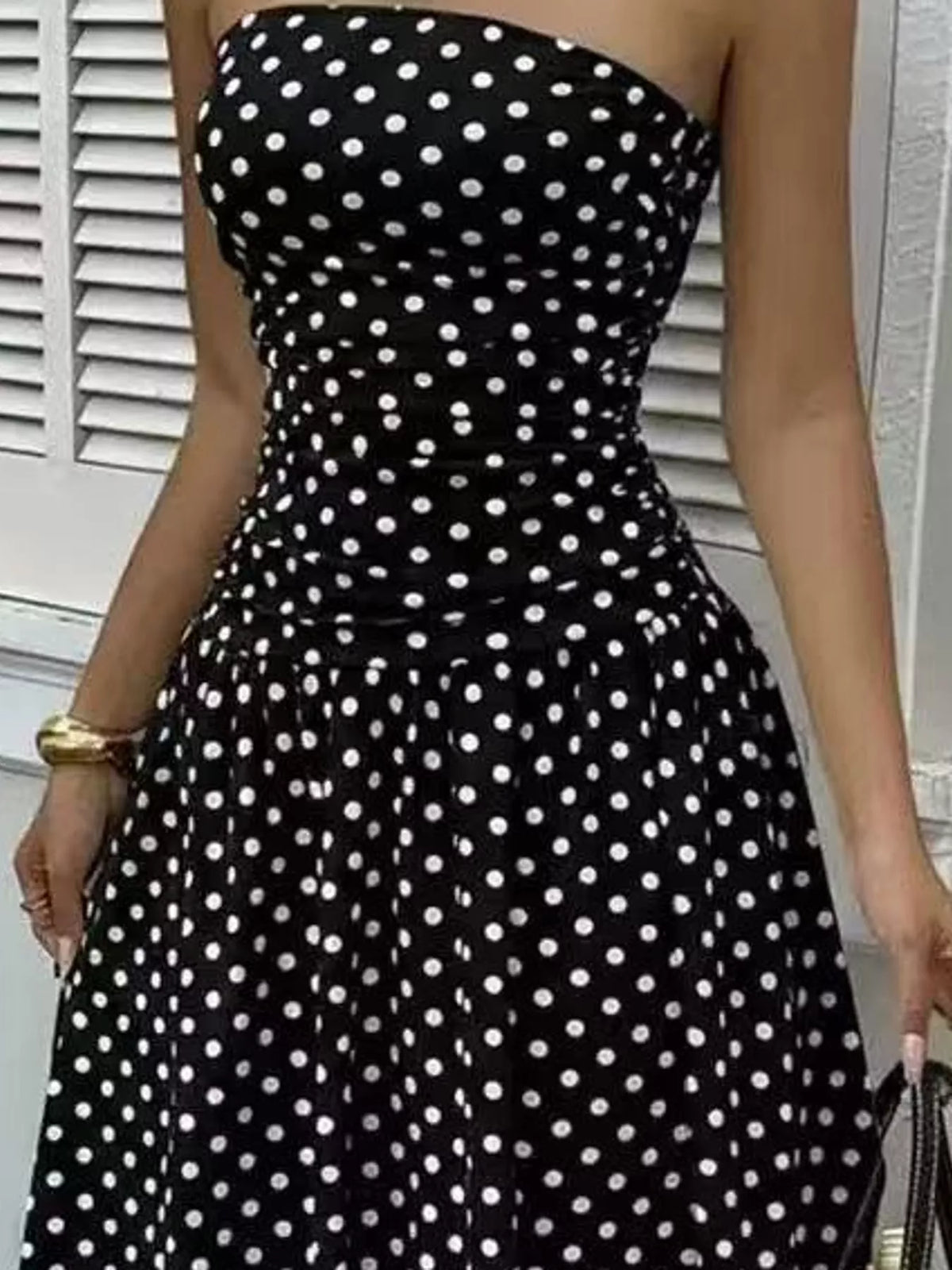 Strapless Polka Dot Ruched Maxi Dress