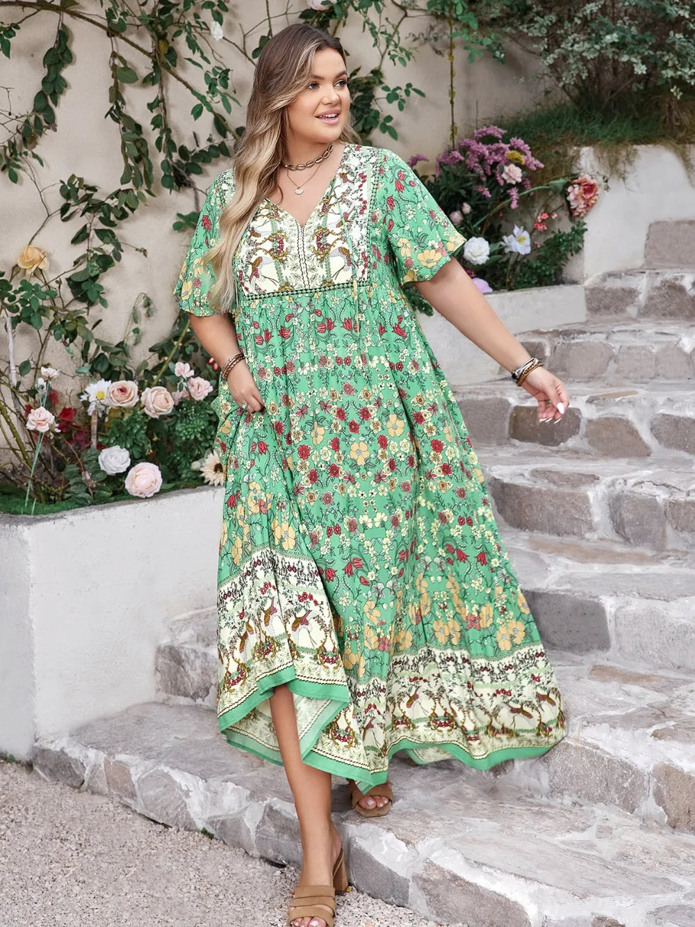 Floral Tie Neck Flutter Sleeve Maxi Dress in Gum Leaf
