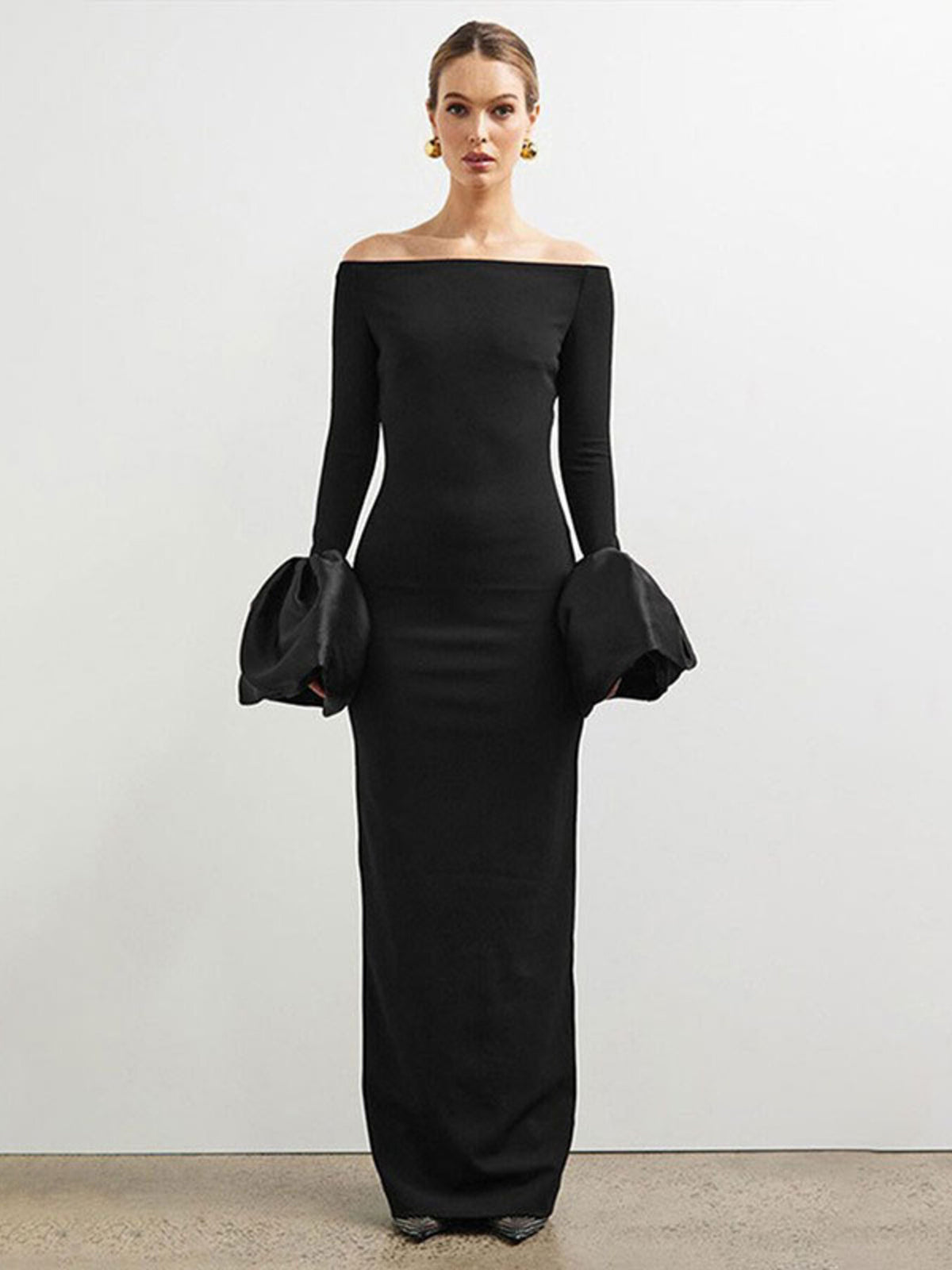 Off-Shoulder Flounce Sleeve Maxi Dress in Black