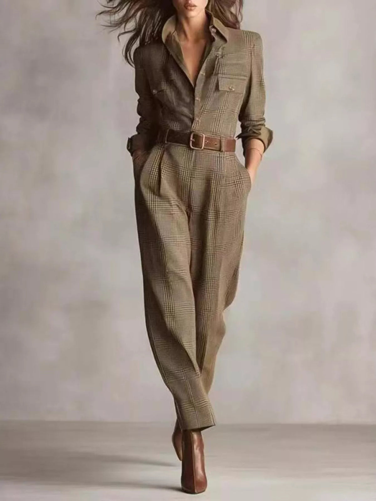 Plaid Long Sleeve Button-Front Jumpsuit in Mocha by Yvette