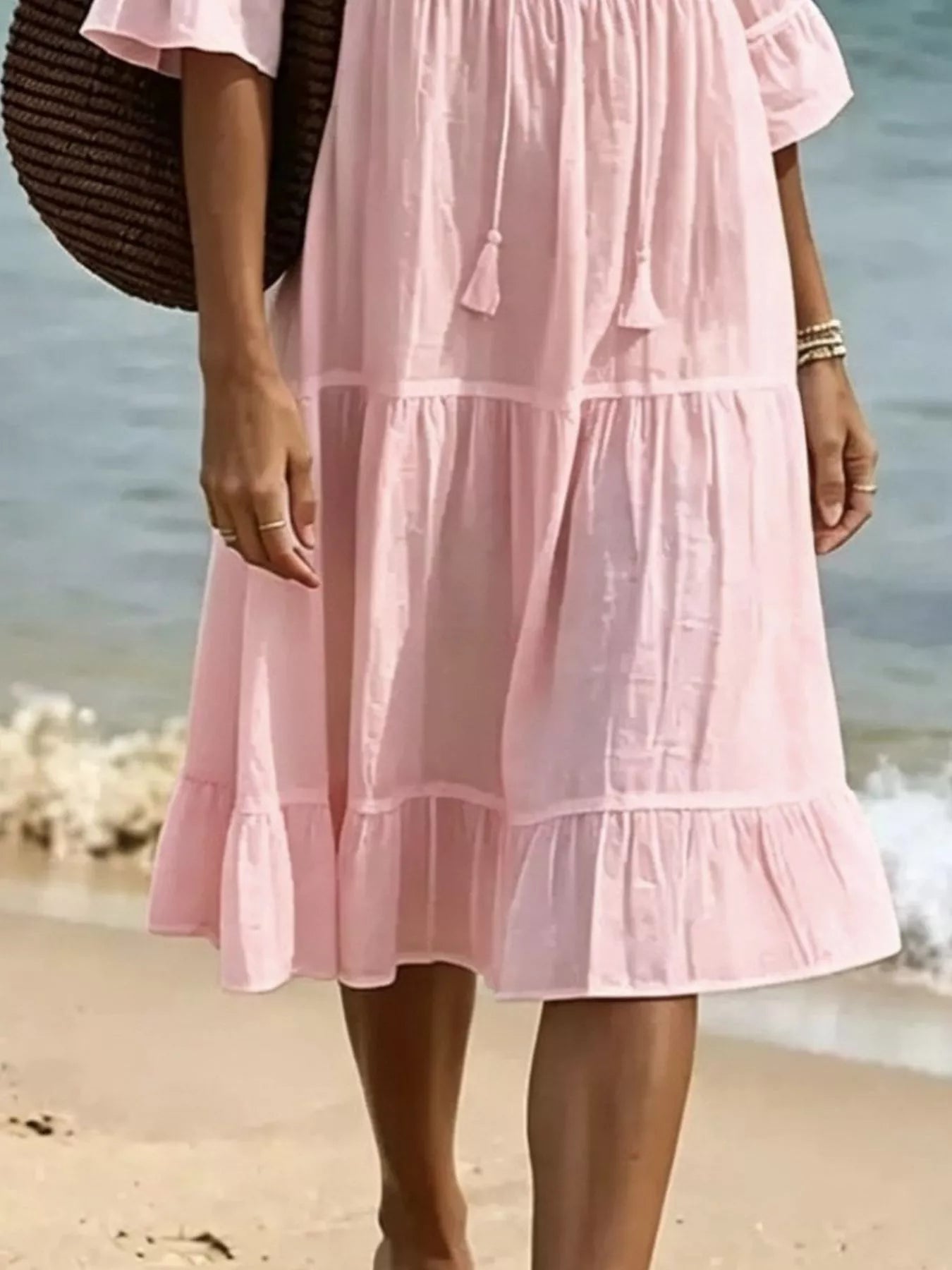 Tie-Neck Flounce Sleeve Tiered Dress