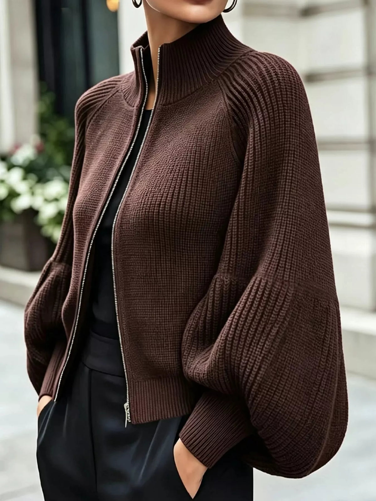 Ribbed Knit Zip-Up Cardigan with Lantern Sleeves