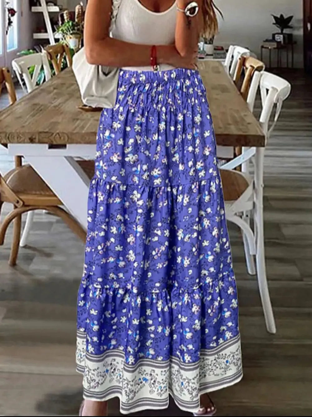 Tiered Printed Elastic-Waist Skirt