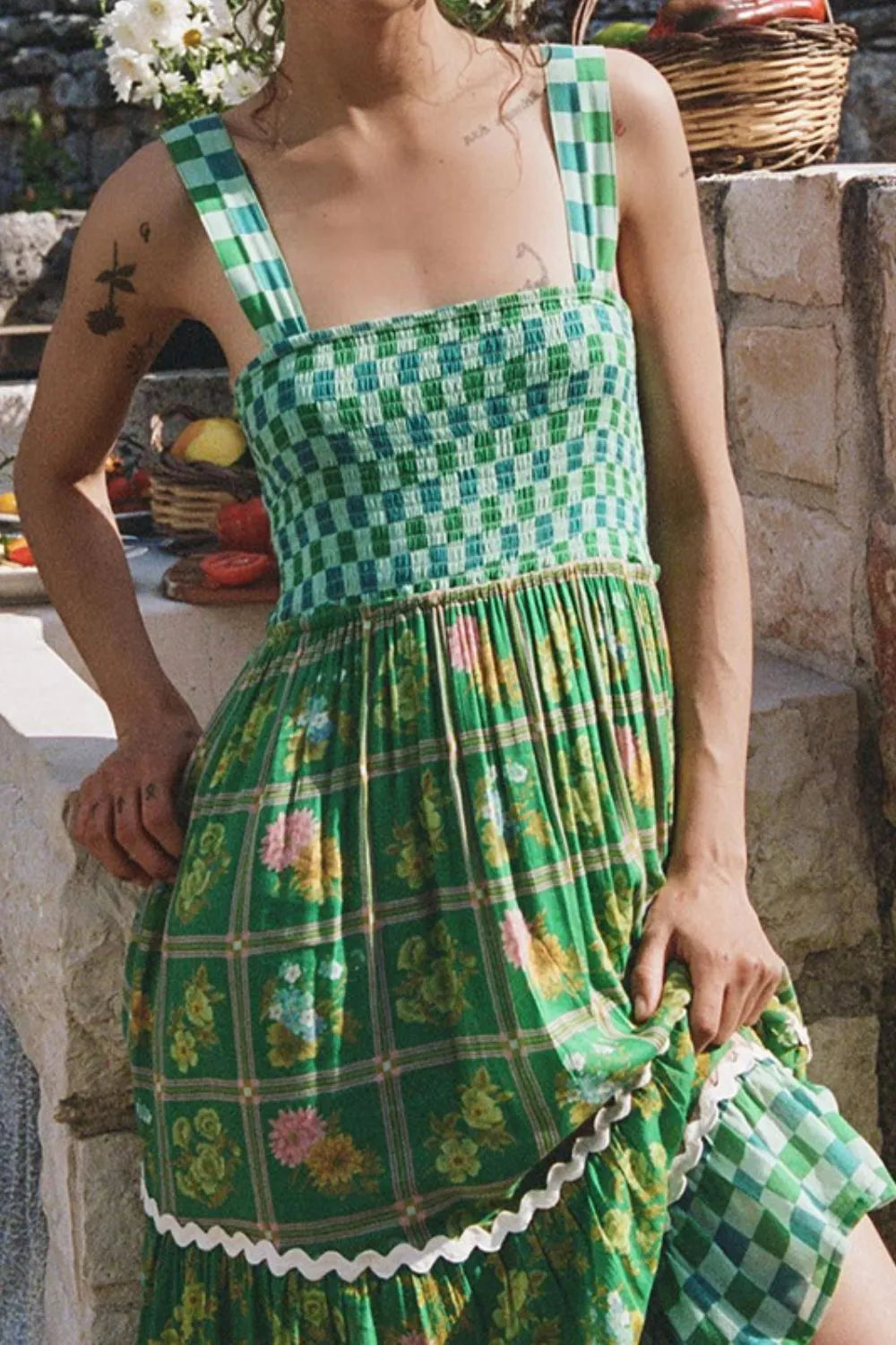 Backless Square Neck Tiered Dress in Green by Shenori