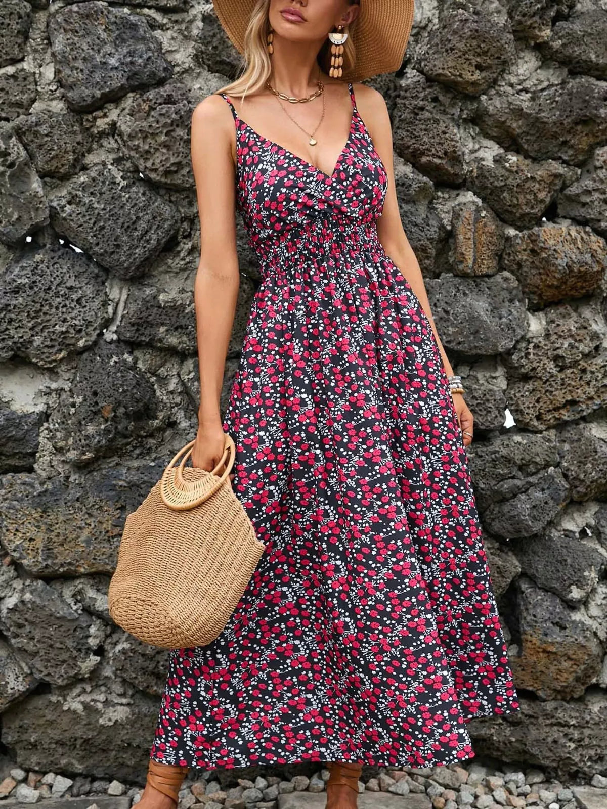 Smocked Paisley Midi Dress