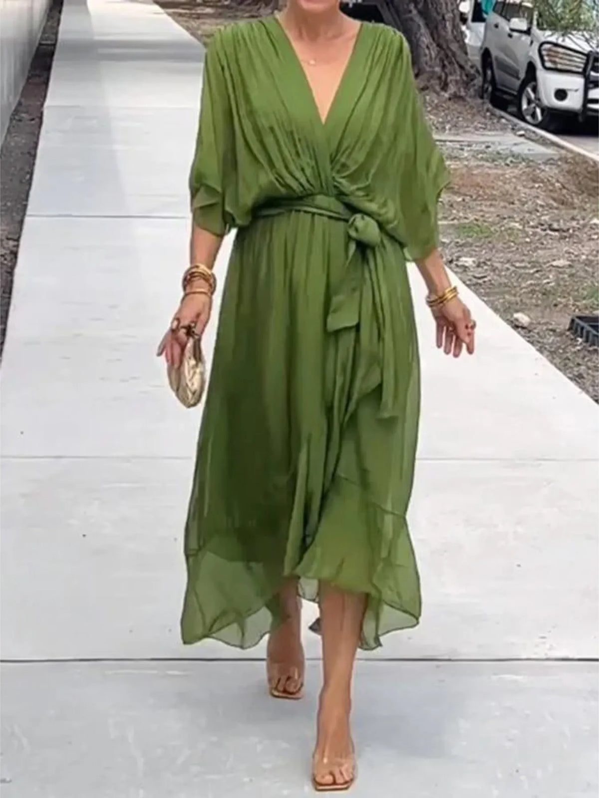Flowy Tie-Front Midi Dress with Flutter Sleeves