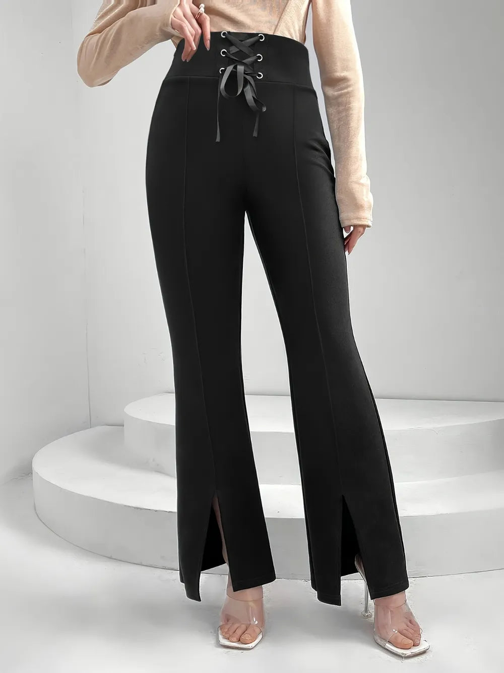 Lace-Up Slit Bootcut Pants in Black