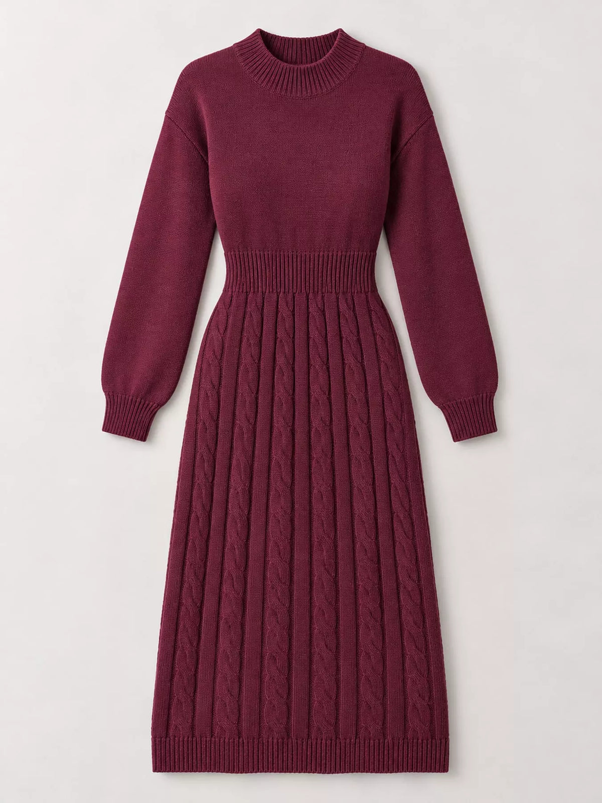 Mock Neck Cable Knit Sweater Dress with Front Slit