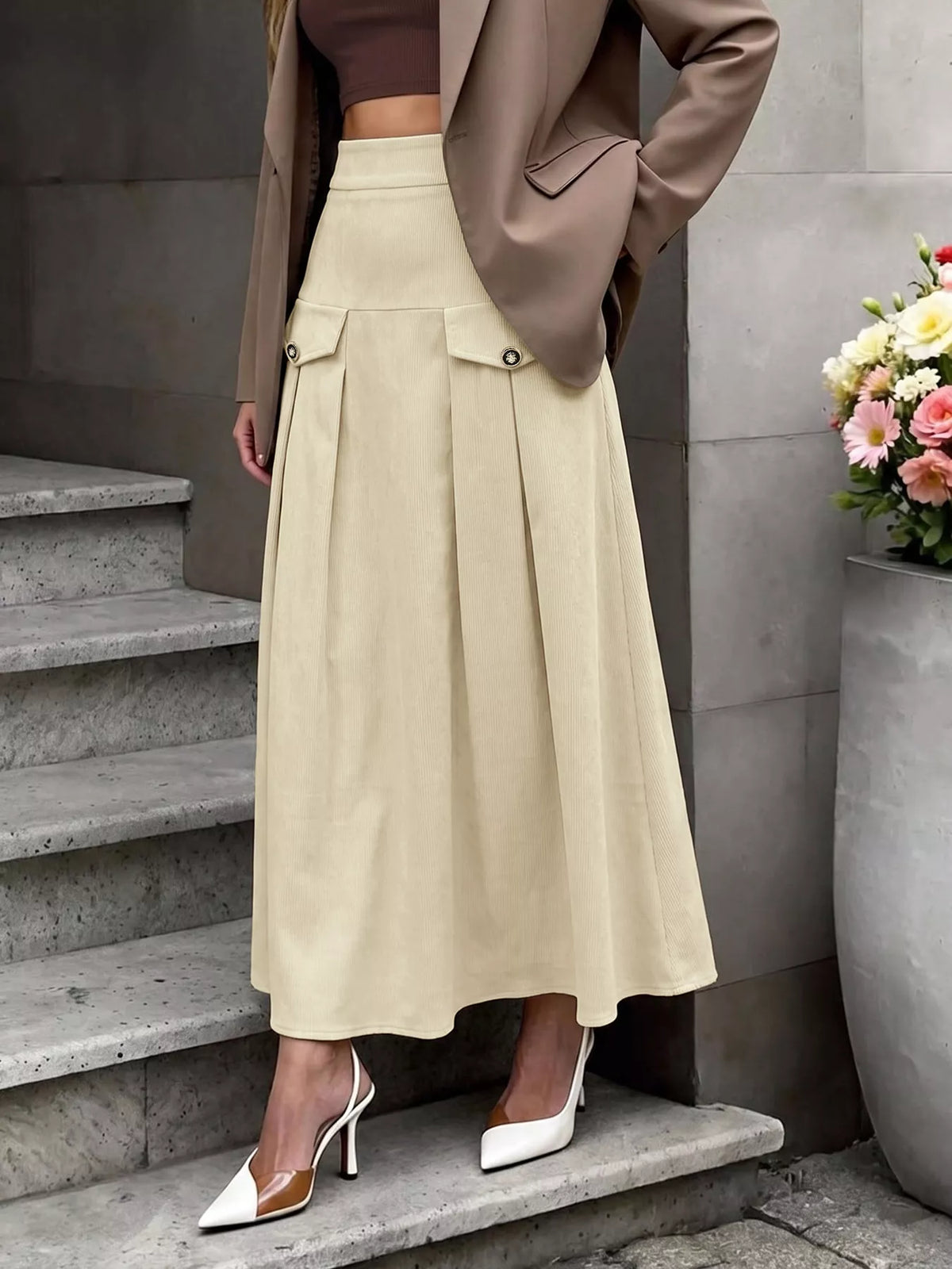 High Waist Pleated Midi Skirt in Khaki