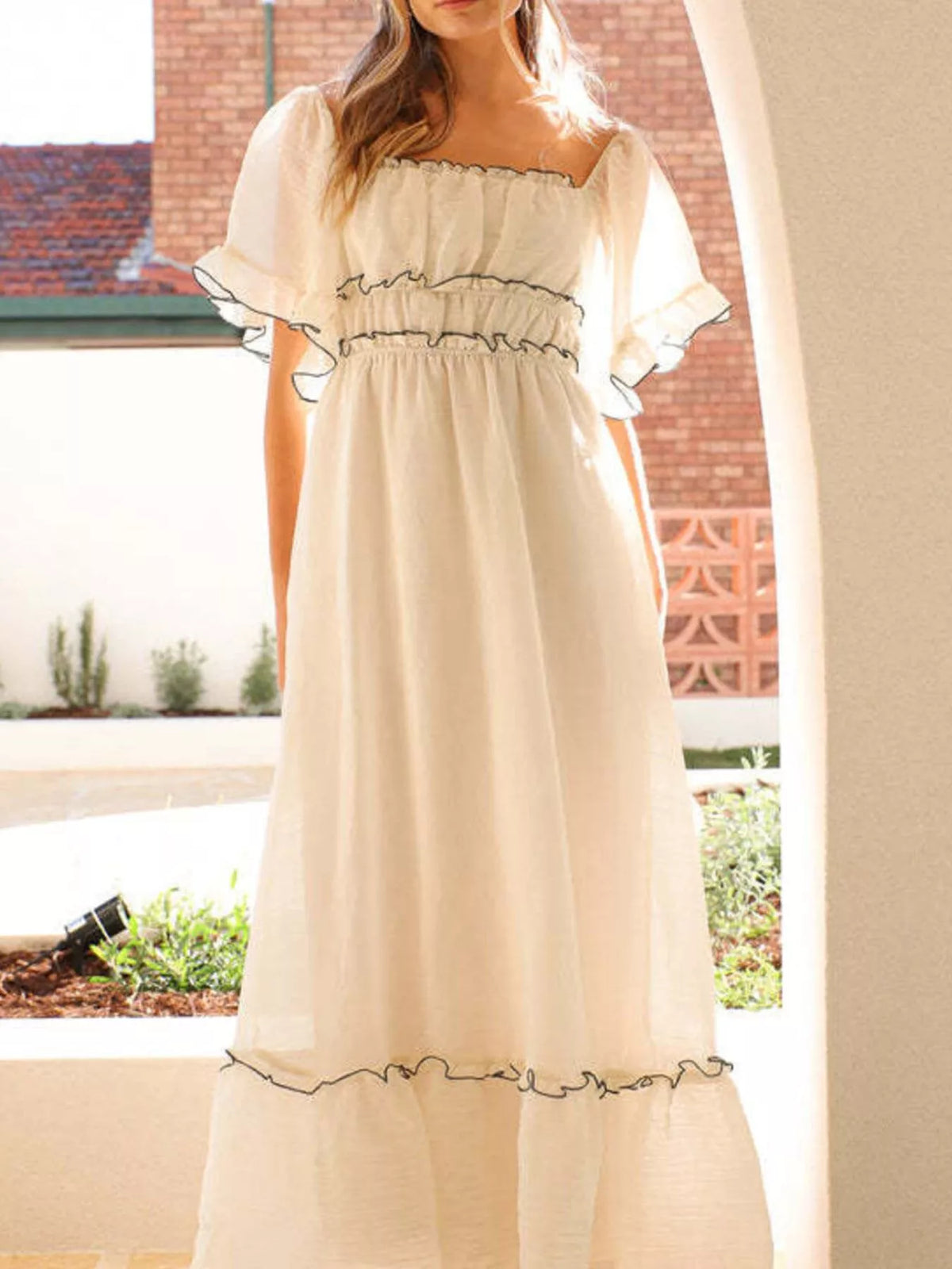 Ruffled Short Sleeve Tiered Maxi Dress in Apricot