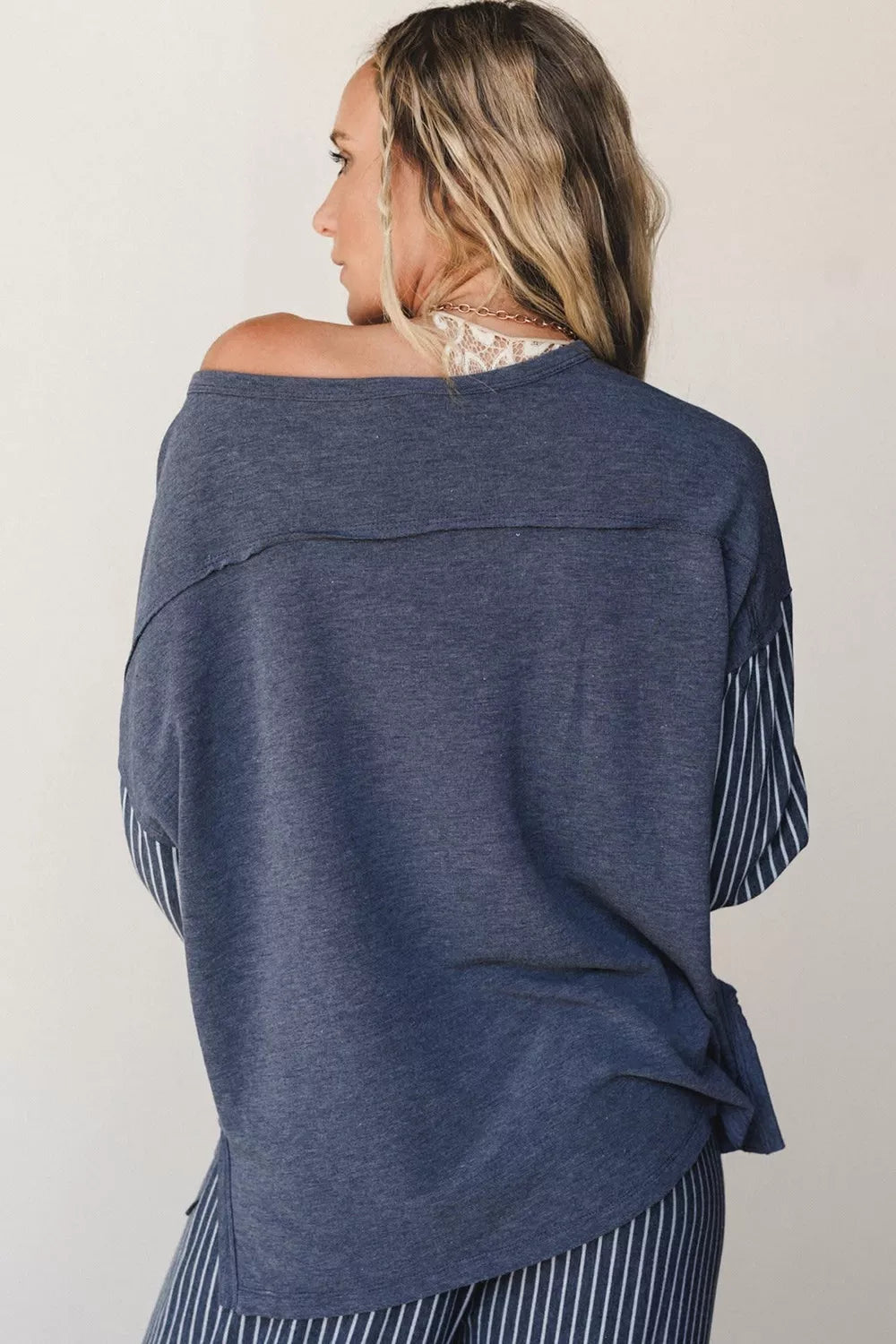Raw Seam Patchwork Top and Pants Set in Dusty Blue