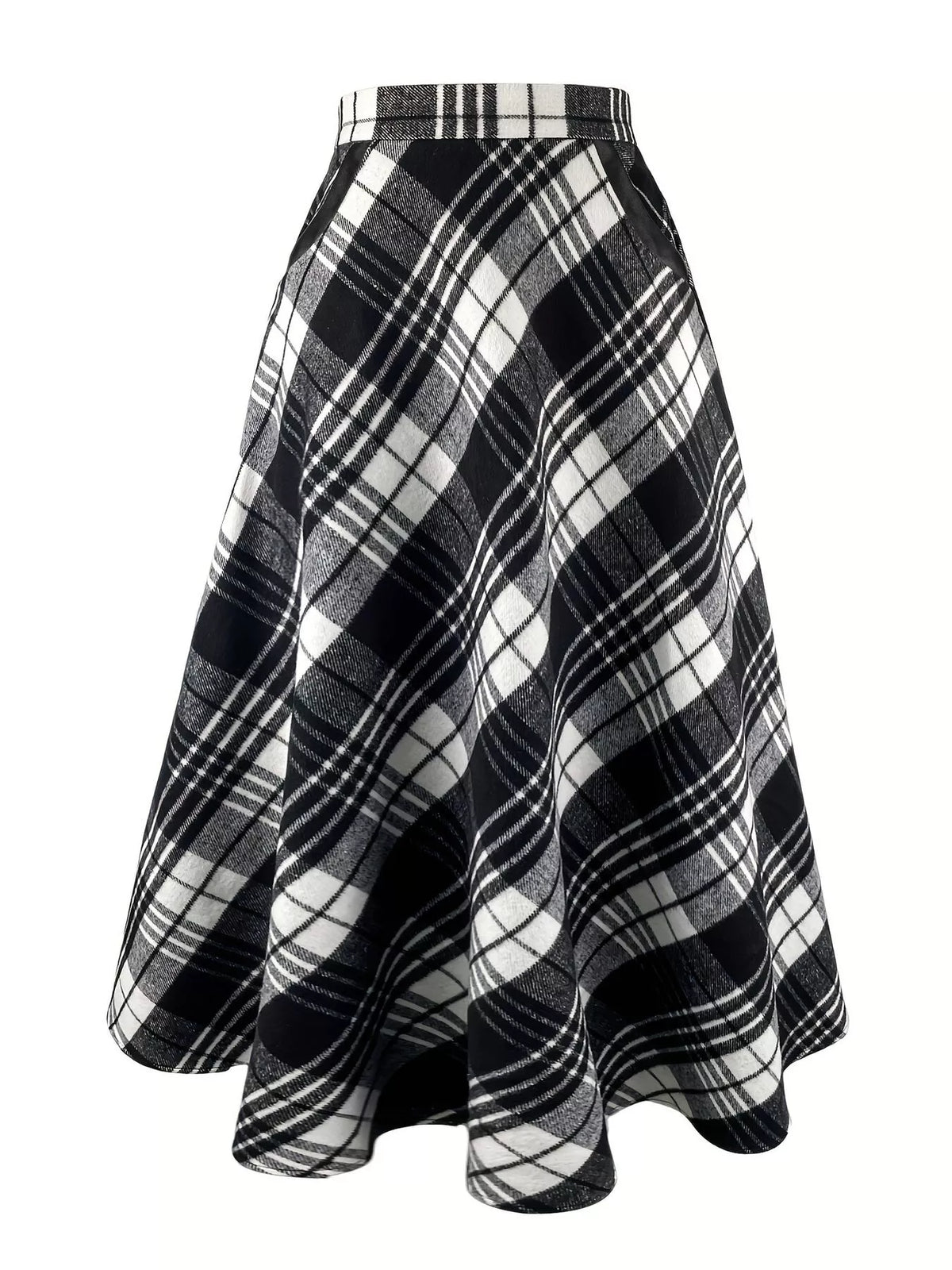 Plaid A-Line Midi Skirt with Pockets in Black