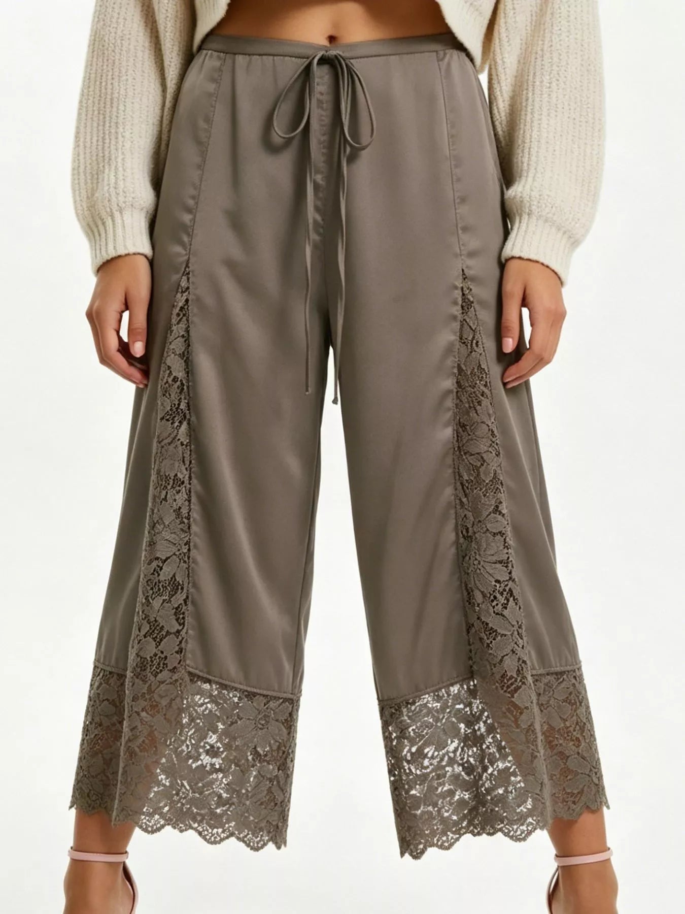 Lace-Trim Wide-Leg Cropped Pants