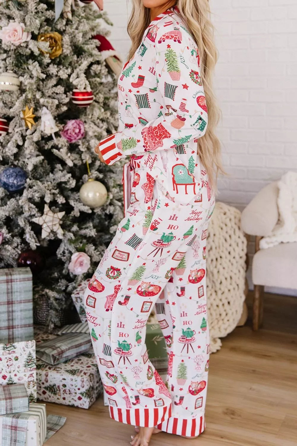 Striped Button-Front Long-Sleeve Lounge Set in White