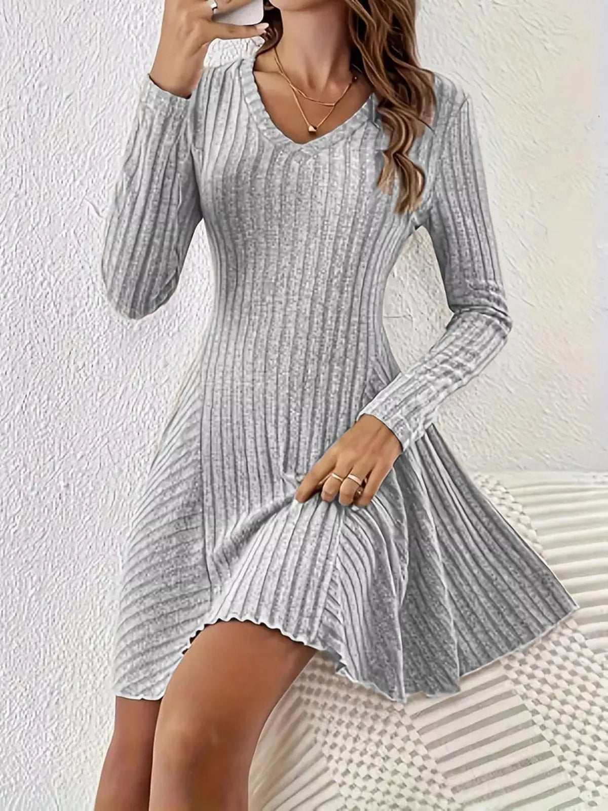V-Neck Ribbed Knit A-Line Dress