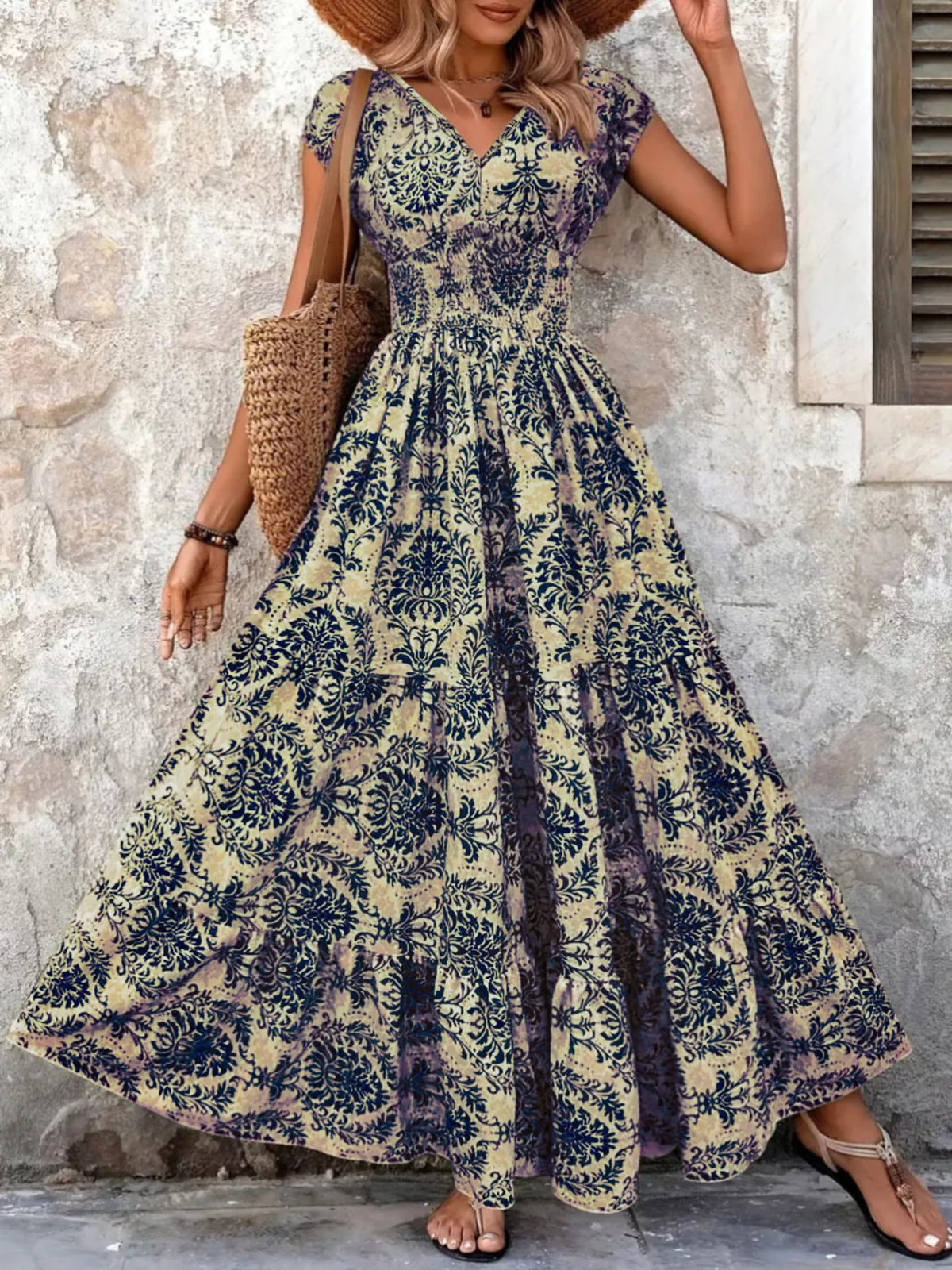 Smocked V-Neck Tiered Maxi Dress