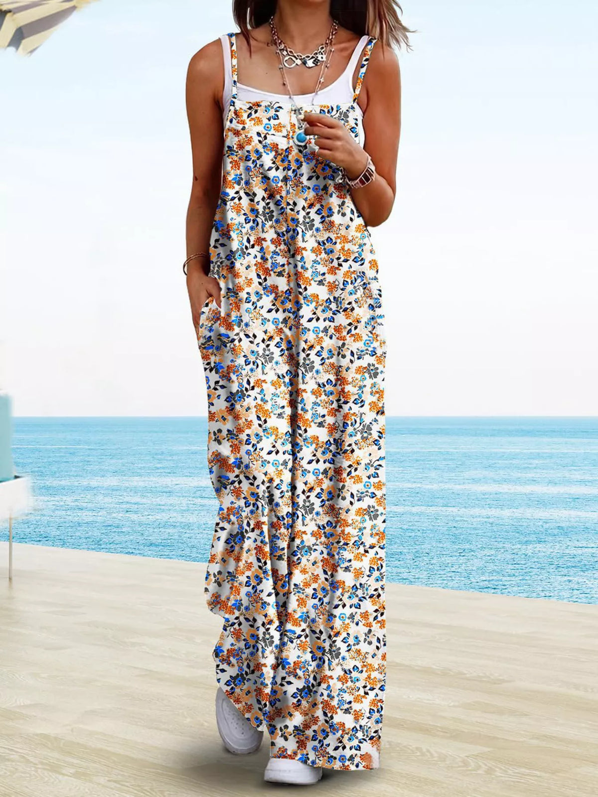 Floral Print Wide-Leg Spaghetti Strap Overalls