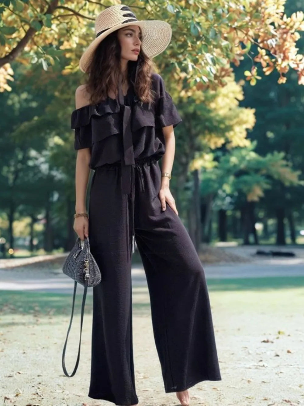 Ruffled Off-Shoulder Wide Leg Jumpsuit