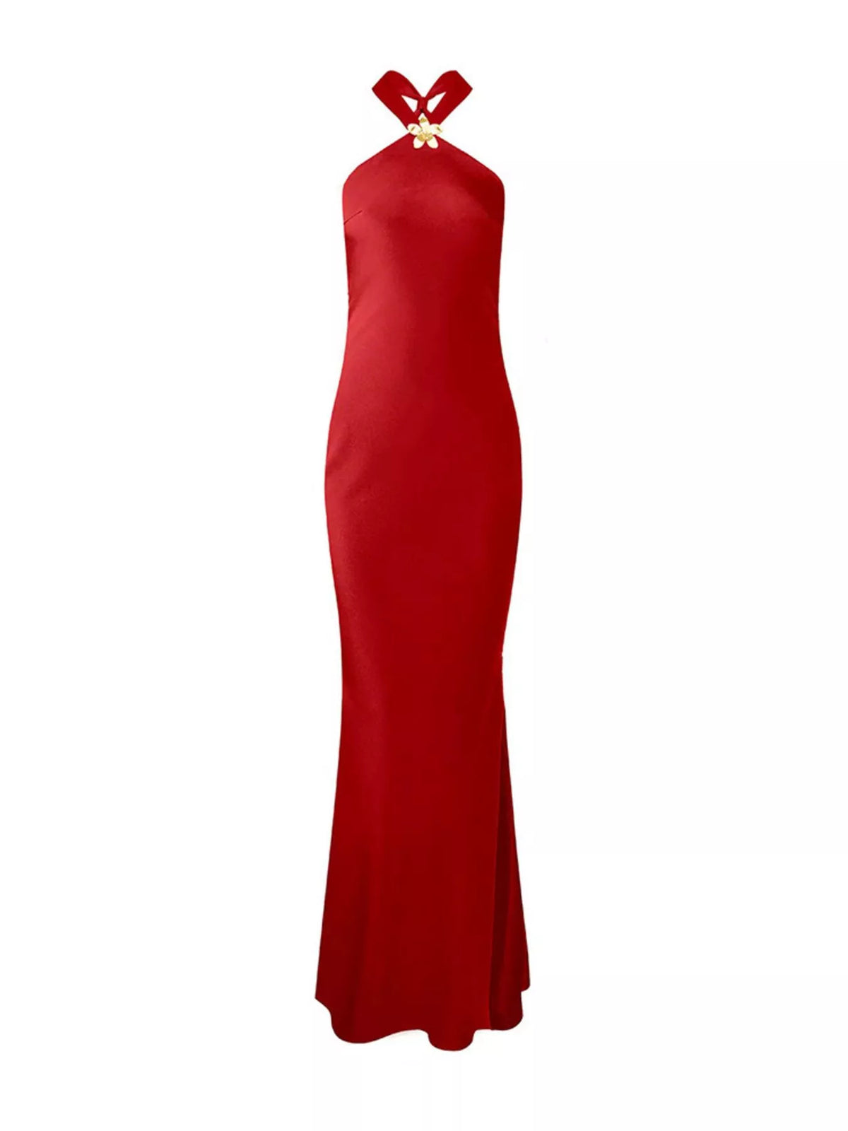 Crisscross Halter Neck Satin Maxi Dress by D&J Apparel