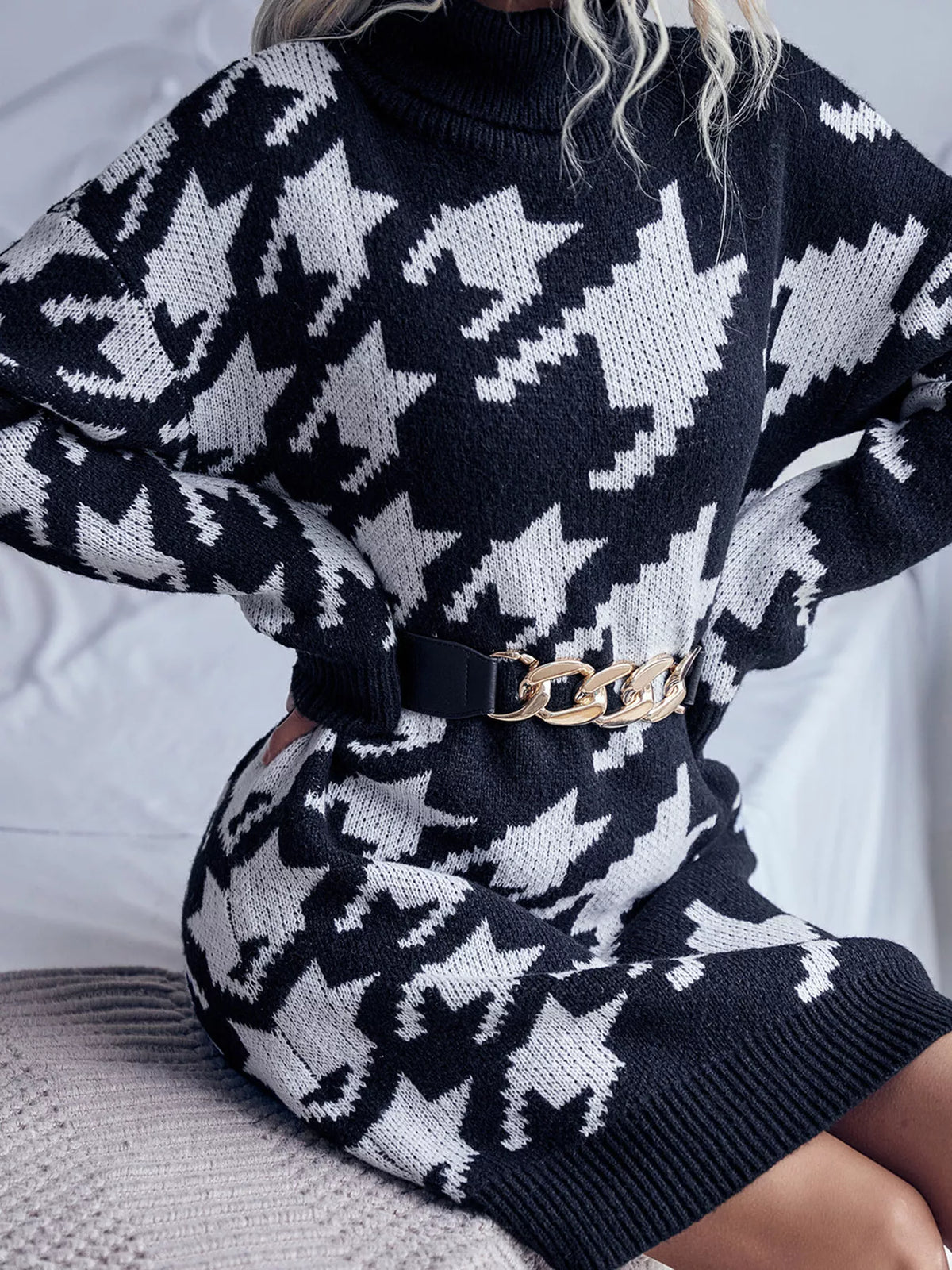 Houndstooth Turtleneck Sweater Dress in Black
