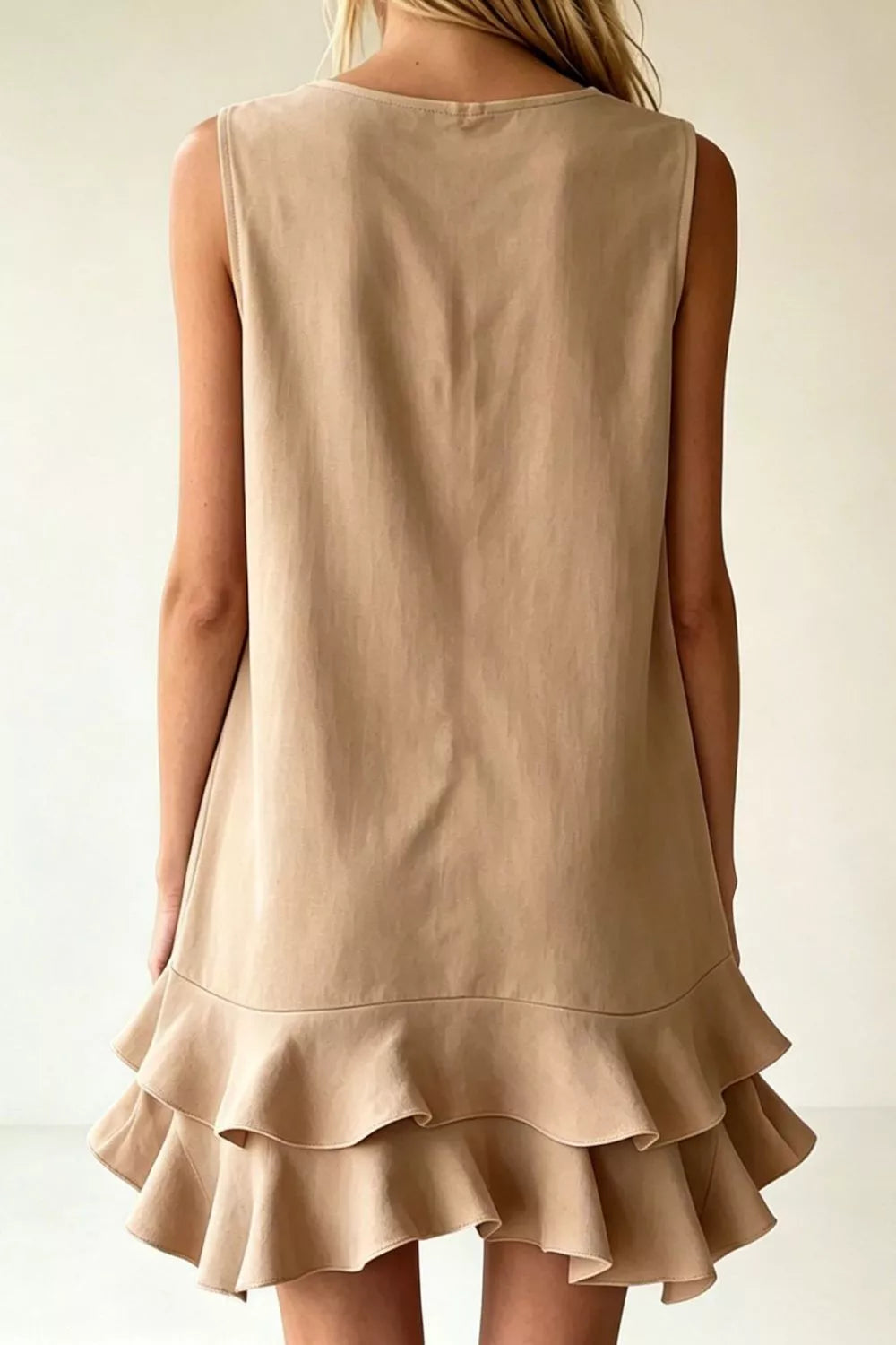 Sleeveless V-Neck Ruffle Hem Mini Dress in Beige