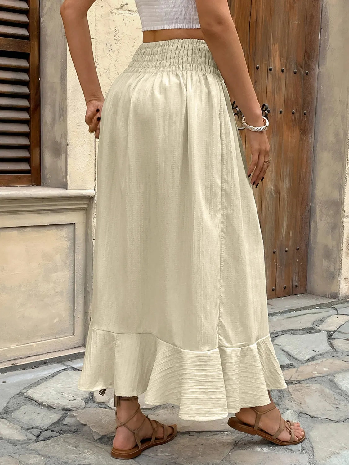 Ruffled Hem Slit Skirt in Beige