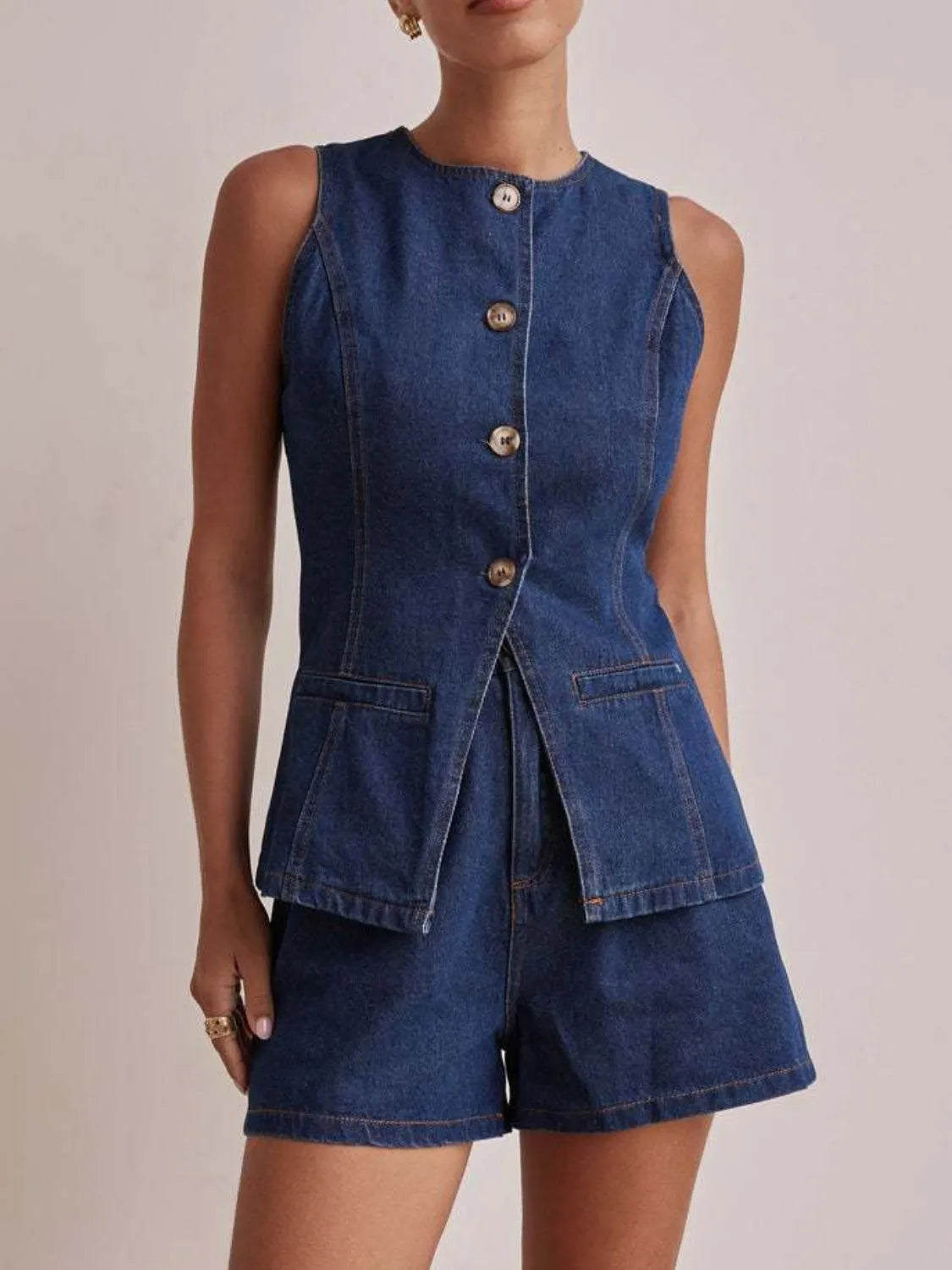 Button-Down Vest and Shorts Denim Set