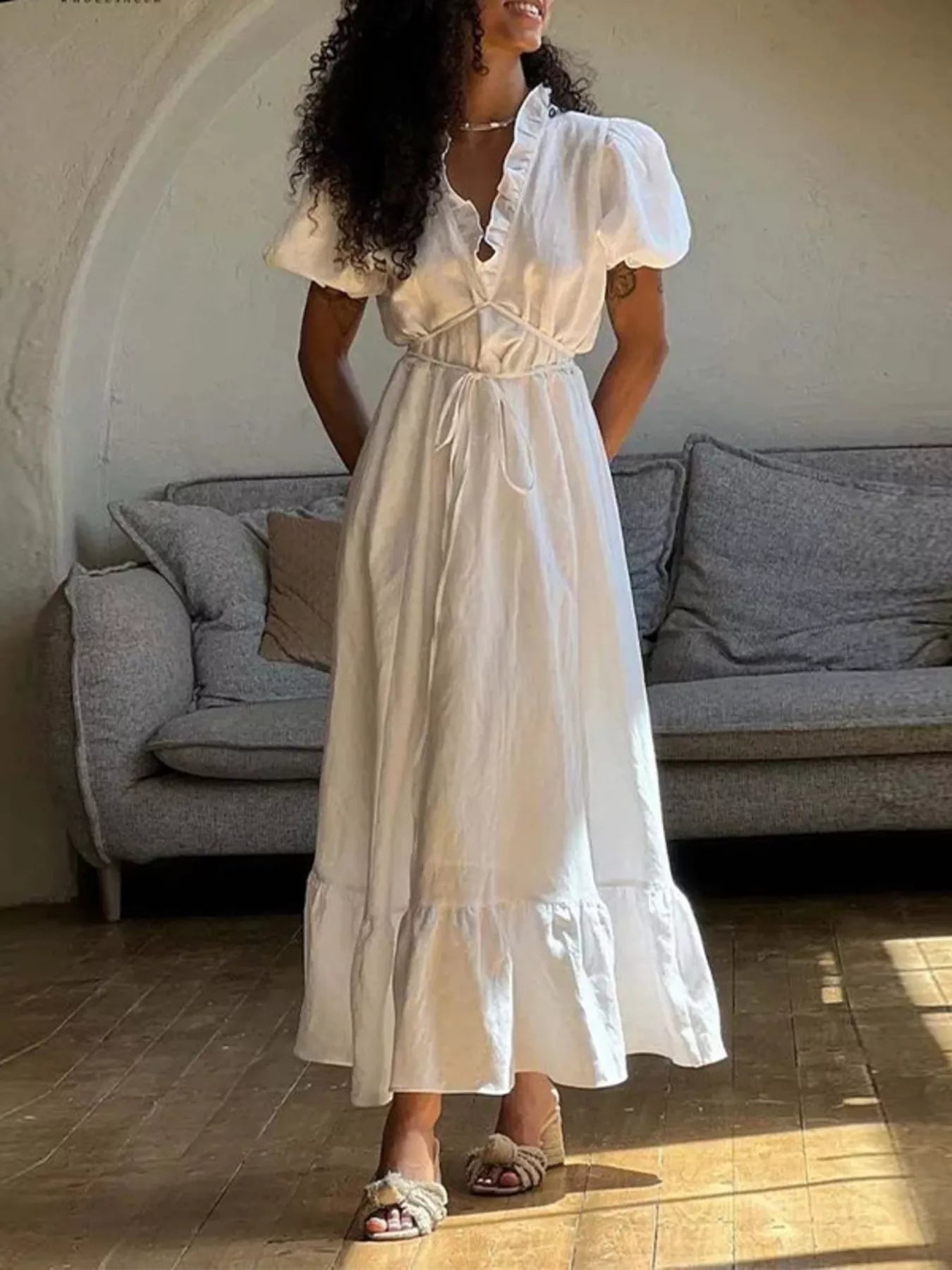 Ruffle Trim Puff Sleeve Maxi Dress
